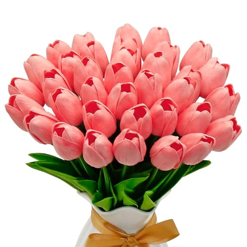 36 Pcs Tulips Artificial Flowers, 13 Inches Real Touch PU Fake Tulips for Wedding Bouquets, Home Decor - color: Pink