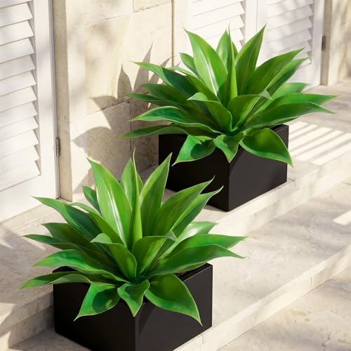 Artificial Agave Faux Agave Fake Greenery Outdoor Artificial Plants Fake Plants for Indoor Home Decor Plastic Plants Outdoor Decor Front Porch Decor Simulation Plants 22"(2Pcs Green) No Vase - color: 22''green