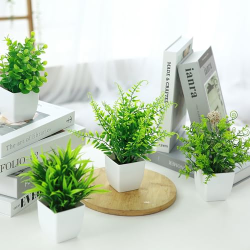 GREENTIME 4 Pcs Fake Plants Potted Small Artificial Plant Indoor Faux Greenery in White Pot for Home Office Bedroom Desk Bathroom Shelf Farmhouse Decorations - color: White-4