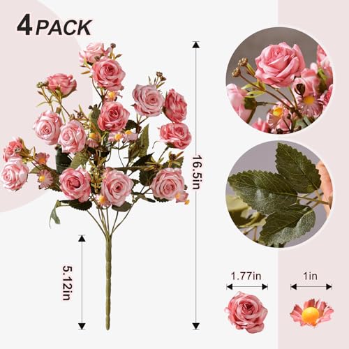 Artificial Rose Flowers for Outdoor 4 Bundles Rose Bouquet with Daisy Faux Flowers UV Resistant for Home Indoor Outside Garden Porch Window Box Balcony Yard Porch Fall Decor (Pink) - color: Pink