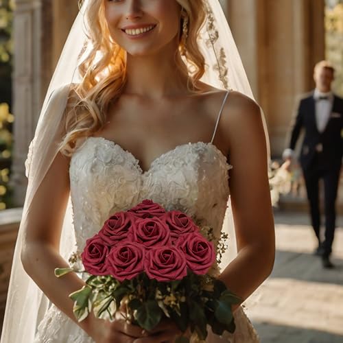 Artificial Roses Flowers 25Pcs Real Touch Roses with Stem Foam Fake Roses for DIY Wedding Bouquets Centerpieces Arrangement Party Baby Shower Home Decorations (Red) - color: Red