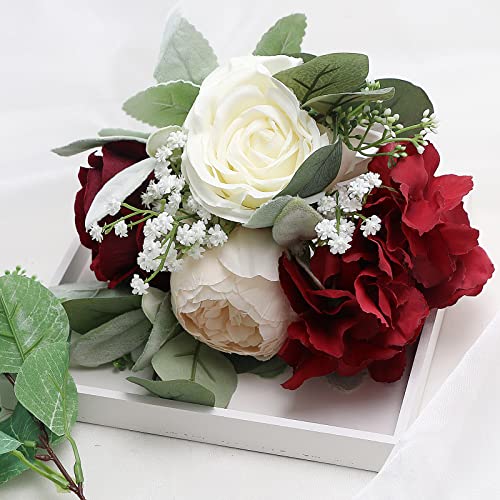 Artificial Flowers Bridesmaid Bouquets - Set of 2 Bridesmaid Bouquet Burgundy White Handmade Silk Floral Bouquet for Wedding Ceremony Anniversary, Bridal Shower, Home Table Decorations - color: Burgundy & White, size: 2pcs Bouquets
