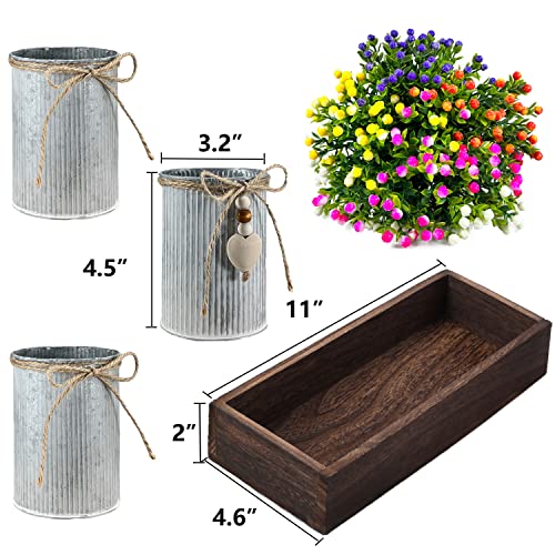 CALAVAK Decorative Centerpiece Wooden Tray with 3 Metal Potted Artificial Milan Flowers Rustic Country Farmhouse Décor for Dining Room, Living Room and Kitchen Table - style: Milan Flowers