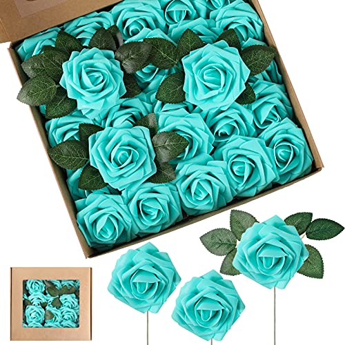 Syhood Artificial Foam Rose Flowers Vintage Fake Roses DIY Bouquets with Leaves and Stems for Wedding Bridal Shower Party Centerpieces Home Romantic Decor(Turquoise,50 Pieces) - color: Turquoise