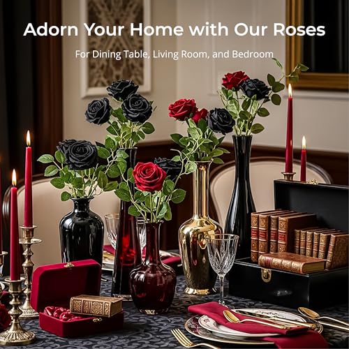 Auihiay 14PCS Black Artificial Roses, Velvet Silk Roses Bouquet with Long Stems for Valentine's Day, Gothic Wedding, Halloween Decor, Home & Event Arrangement - color: Black