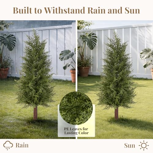 2FT Artificial Cedar Topiary Trees with Ground Spikes, Set of 2 Realistic Faux Cypress Trees UV Resistant Artificial Topiary Shrubs Fake Bushes for Indoor Outdoor Porch Garden - color: Cedar-1