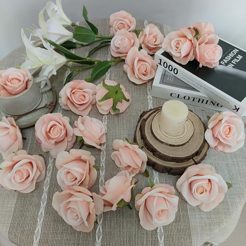 ATFL Artificial Satin Rose Flower Heads,42 Pcs Silk Rose Heads with Stems,3.5'' Rose Artificial Flowers Bulk,Artificial Rose Flower Heads for DIY Crafts Bouquet (42, Blush) - color: Blush