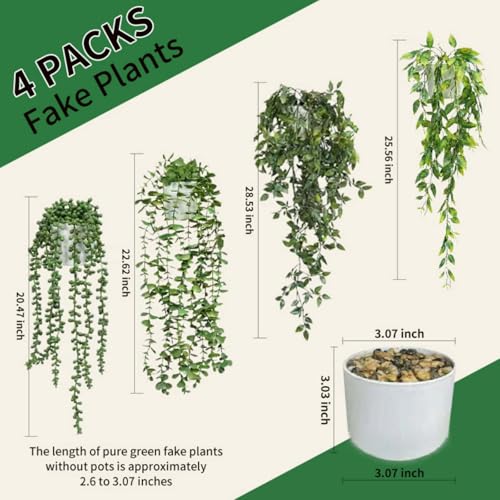 4 Pack Artificial Hanging Plants for Shelf,Fake Plants for room decor,String of Pearls,Mandala & Pea Pod Leaves in Pots for Indoor Outdoor Shelf Wall Decor - Realistic Faux Greenery(white flowerpot) - size: 4in1-white