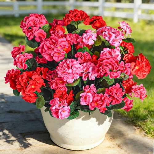 Fake Outdoor Flowers, 6 Pcs Artificial Flowers for Outdoors, Mixed Color Artificial Geraniums Silk Flowers, Fake Plant for Outside, Faux Flowers Outdoor Planters UV Resistant for Front Porch - color: Mixed, size: 6 Pcs