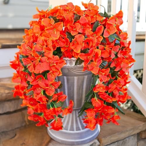 Bougainvillea Artificial Hanging Flowers Plants for Outdoors Fall Autumn Decor, 2pcs Fake Flowers Silk Bougainvillea Vines Realistic UV Resistant Faux Flowers for Outdoor Planters Porch Patio Gardens - color: Orange