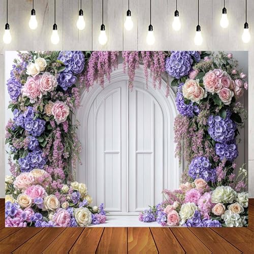 5 x 3 ft Purple Flower Floral Arch Backdrop Background Photography Flower Wall Lavender Backdrop Party Wedding Girls Birthday Princess Mother's Day Bridal Shower Anniversary Banner Decor Studio Photo - color: Purple01, size: 5X3FT