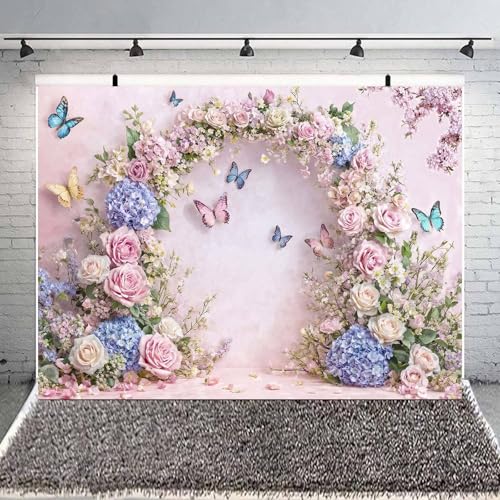 5x3ft Pink Butterfly Floral Backdrop Baby Shower Colorful Flowers Backdrops for Photograph Background Wedding Girl Birthday Table Cake Party Decorations Photo Studio Props - color: Pink03, size: 5X3FT