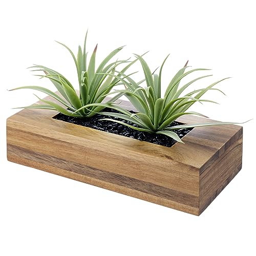 MyGift 10 Inch Artificial Green Grass Plants in Deluxe Acacia Solid Wood Decorative Planter Pot, Faux Greenery in Rectangular Wooden Container - color: Brown, size: 9.5 Inch