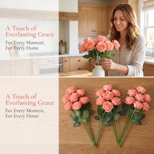 52pcs Coral Peach Roses Artificial Flowers Fake Flowers Silk Roses with Stems for DIY Wedding Bouquets Bridal Shower Centerpieces Arrangements Party Decorations - color: Coral Peach