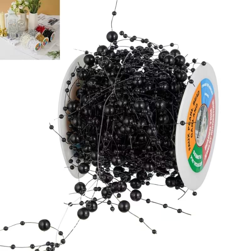 13Feet Pearl String Spool Roll for Floating Candles Faux Pearls Strands Garland for Vase Filler Wedding Centerpiece Christmas Table Decor (Black) - color: Black