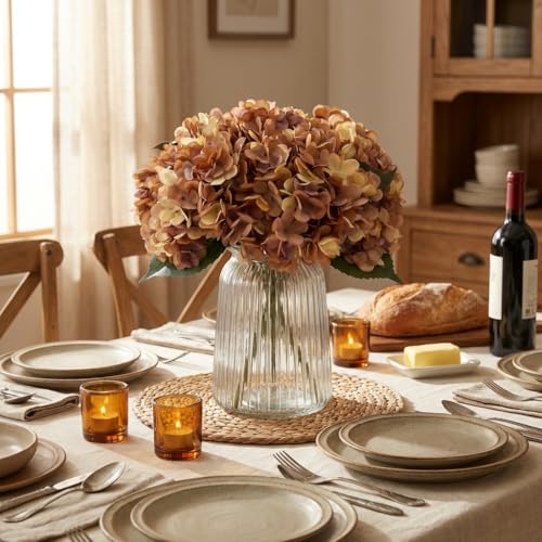 5Pcs Artificial Fake Flowers Plants Silk Hydrangea 1 Flower Head Arrangements Wedding Bouquets Decorations Plastic Floral Table Centerpieces Home Kitchen Garden (Brown Yellow) - color: Brown Yellow