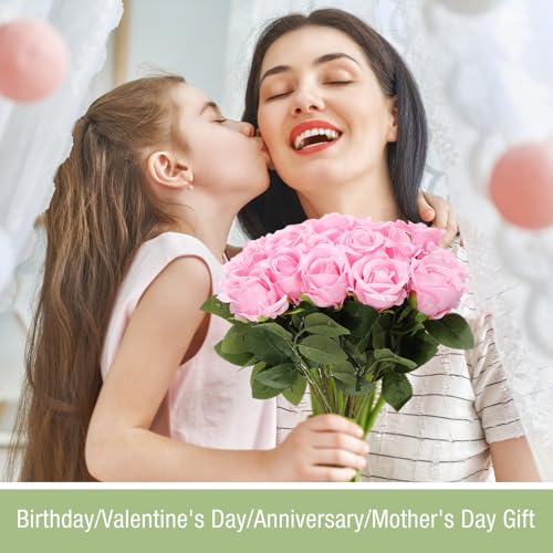 Thiccywoov 30 Pcs Rose Artificial Flowers in Bulk Lifelike Long Stem Silk Roses Bouquets Realistic Faux Flowers for Wedding Bridal Shower Home Decor Floral Arrangements Table Centerpiece(Pink) - color: Pink