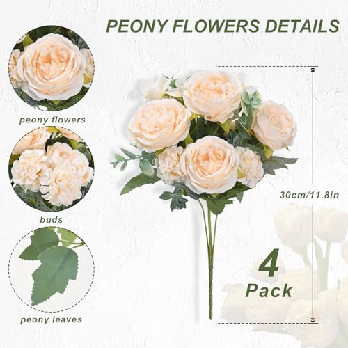 MARTINE MALL 4 Packs Peonies Artificial Flowers, White Artificial Peonies, Silk Peonies Flowers Fake peonies Artificial Flowers Peonies Hydrangea Bouquet for Centerpiece Table Wedding Party Home Decor - color: Mix-peony White, size: 4PCS