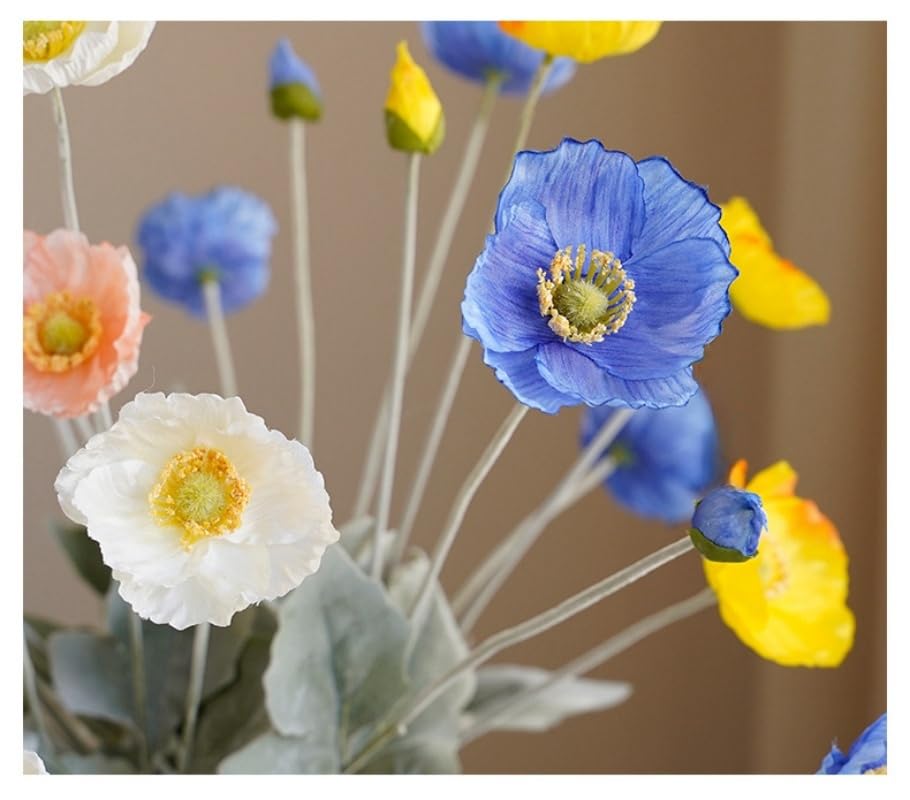3Pieces Blue Poppies Flowers Artificial,23"Ranunculus Artificial Flowers,Silk Flowers with Stems,Faux Flower Stems for Wedding,Party,Garden Outdoor Indoor Decor Flower Arrangements for Table (Blue) - color: Blue