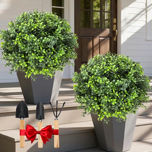 Artificial Boxwood Topiary Balls – 24" Set of 2 Faux Shrub Bushes with Ground Spike & Garden Tools – UV Resistant Faux Plants for Outdoor Planters, Porch & Front Door (Boxwood Topiary Ball) - color: Boxwood Topiary Ball