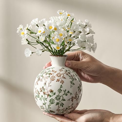 5.98" Ceramic Flower Decorative Antique Vase, Vintage Rustic Chinoiserie Floral Vase for Home Decor, Living Room, Bookshelf, Office, Entryway, Garden, Tuscan Decor, Chinoiserie Decor - color: Green and Beige- 5.98"
