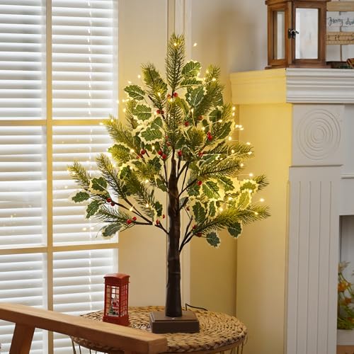 PXBNIUYA 2 FT Christmas Tree with 72 LED Lights, Christmas Decorations Indoor, Fairy Light Spirit Tree for Home Decor, Lighted Birch Trees with Pine Needles, USB and 3AA Battery and Timer（Warm White） - color: Christmas Leaves