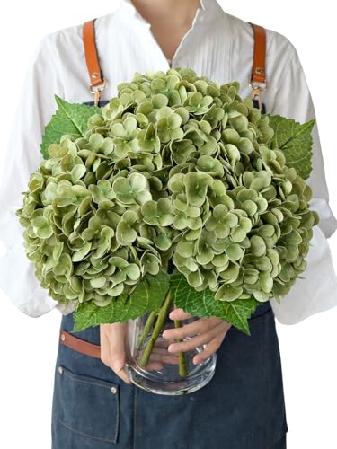 JINWOE Green Flowers Artificial Hydrangeas, 3Pcs 21” Latex Large Lifelike Faux Silk Flowers, Full Artificial Hydrangeas for Bouquet Table Centerpieces Indoor Spring Outdoor Home（Rosemary Green） - color: Rosemary Green, size: 3pcs