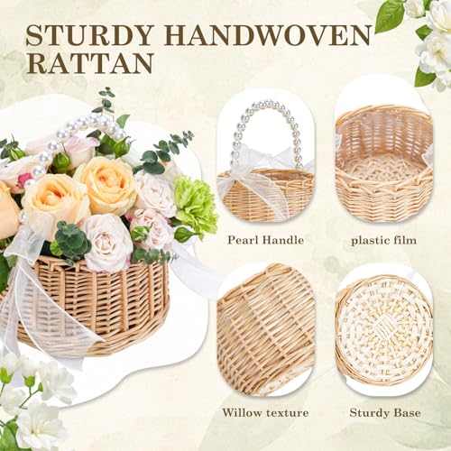 Flower Girl Basket, Wicker Rattan Wedding Flower Basket with Pearl Handle, Lace Bows and Lining, Handwoven Rustic Elegant Small Basket for Wedding Party Home Garden Decoration Outdoor Picnic