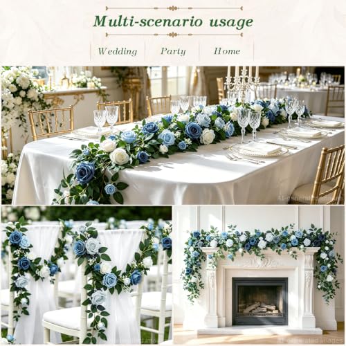 2 Pack 11.2 Ft Artificial Flower Garland with White Roses, Realistic Fake Greenery Vines with 17 Roses Flowers for Wedding Table Centerpieces Arch Party Ceremony Backdrop Decor (Mix Blue) - color: Mix Blue