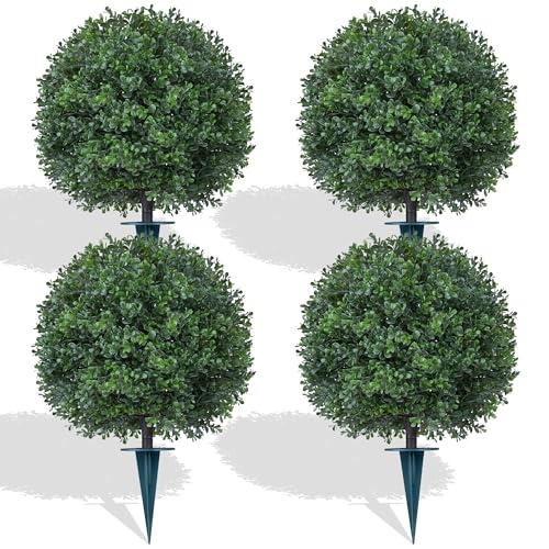 Artificial Boxwood Topiary Trees with Ground Spike,4 Pieces Fake Boxwood Ball Shrubs Bushes, UV Resistant Faux Evergreen Cypress Tree Plants for Indoor Outdoor Planters Front Porch - color: Green