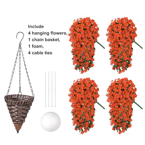 HyeFlora Artificial Fake Hanging Flowers Plants Baskets for Winter Christmas Outdoor Outside, Faux Silk Orange Daisy in Planter UV Resistant Orchid for Home Porch Garden Yard Patio Decor - color: Orange Daisy