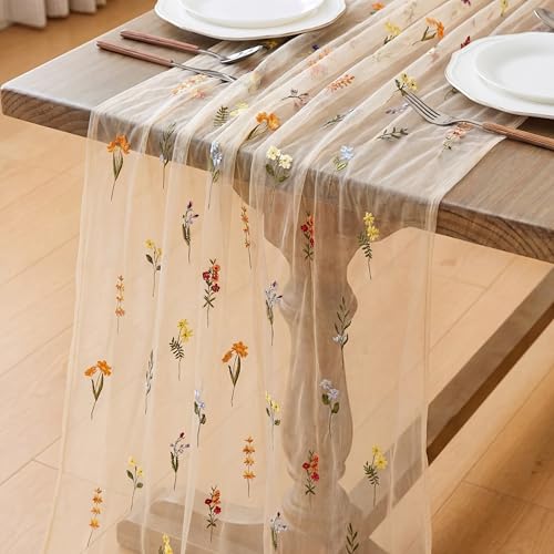 Boao 1 Wildflower Table Runner Embroidery Tulle Spring Summer Table Runner 120 Inch 10 ft Kitchen Dining Decoration for Wedding Baby Shower Bridal Shower Home Decor Birthday Party (Champagne) - color: Champagne, size: Wildflower