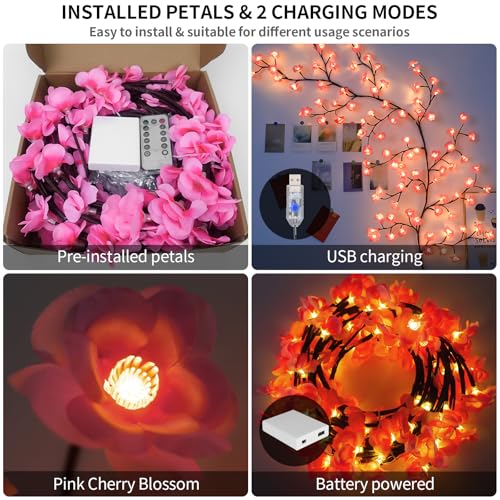 FNHMSL Cherry Enchanted Willow Vine Lights, 5.25FT 72LED Pink Cherry Blossom Tree Branch Lights for Wall, Remote Timer,8 Light Model,Bedroom Wall Doors Wedding, Christmas, USB Battery Box - color: Pink Cherry 72 LED, size: 5.25FT