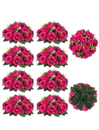 BLOSMON Hot Pink Flowers for Wedding: 10 Pcs Fakel Rose Balls for Table | Easy to Use Artifical Silk Kissing Bouquet Floral Arrangement for Home Party Event DIY Decoration - color: Hot Pink
