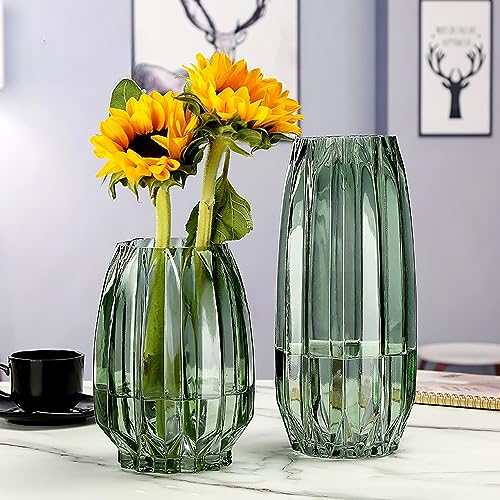 Lucky Bird Green Glass Vase Modern Ribbed for Flowers, Candles, and Decorative Accents - Tall/Short Glass Vase for Centerpieces Home Table Decor(Green H8.0inch) - color: Green, size: H-7.87inch