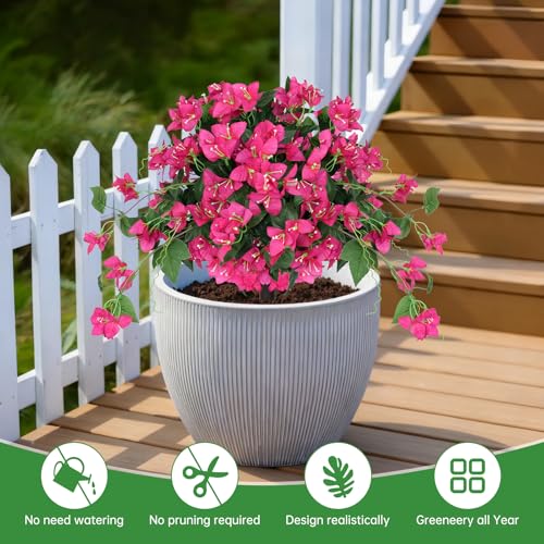 Artificial Bougainvillea Topiary Trees Set of 2, Pink Fake Shrubs Bushes with Ground Spike, Faux Evergreen for Porch Plants, UV Resistant Artificial Flowers for Outdoors Indoor Front Garden - color: Bougainvillea