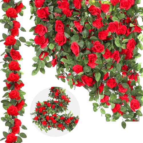 Aneco 12 Pack 96 FT Red Flower Garland Kentucky Artificial Rose Vines Derby Roses Fake Vine Flowers Plants Party Supplies for Kentucky Holiday Wedding Garden Craft Art Decoration - color: Red