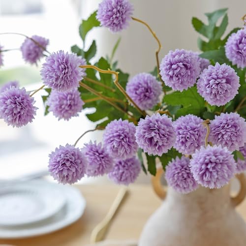 mizii 6Pcs Purple Fake Silk Pompon Mum Artificial Flowers Bulk Small Faux Chrysanthemums with Stems Realistic Floral Decorations for Wedding DIY Bouquet Centerpieces Shower Vase Home Decor (Purple) - color: Purple