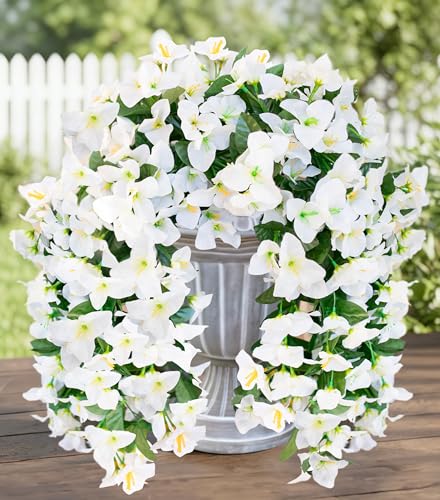 HyeFlora Bougainvillea Artificial Hanging Flowers Plants for Outdoors Decoration, 2pcs White Fake Flowers Silk Bougainvillea Vines Realistic UV Resistant Faux Flowers for Outdoor Planters Patio Yard - color: White