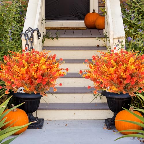 AGIRL 12 Bundles Artificial Fall Flowers Outdoor Indoor Decoration,No Fade Autumn Fake Plastic Plants with Eucalyptus Leaves,Faux Mums for Thanksgiving Garden Front Door Porch Patio Fall Decor - color: Orange Eucalyptus, size: 12