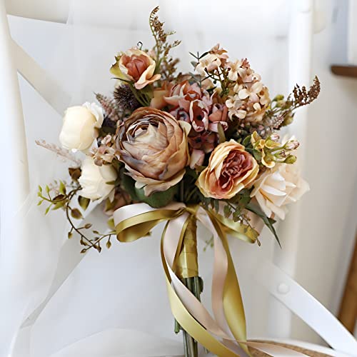 Artificial Wedding Bouquet for Brides Bridesmaid Holding Flower with Greenery Artificial Fabric Rose Wedding Flower Bridal Toss (Vintage Coffee) - color: Vintage Coffee