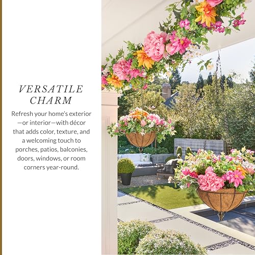 Balsam Hill Outdoor Radiant Peony Spring & Summer Hanging Basket - 26" Premium UV-Protected Artificial Outdoor Flowers for Porch, Patio, & Garden - color: Radiant Peony