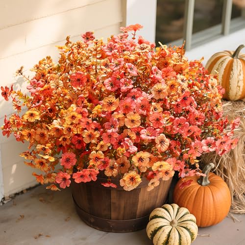 florisso Artificial Fall Flowers Fake Mums for Outdoor Autumn Decoration, 12 Bundles Faux Silk Orange Yellow Mums Daisy Look Real UV Resistant for Outside Home Porch Patio Planter - color: Fall Orangeyellow
