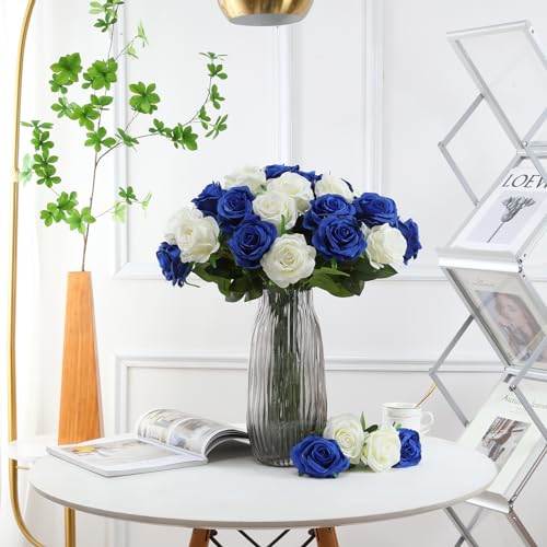 Tifuly Roses Artificial Flowers - 12 pcs Realistic Long Stem Fake Roses Mashup Style Silk Roses for DIY Bouquets Wedding Centerpieces Arrangements Home Party Decor（White & Blue） - color: White & Blue
