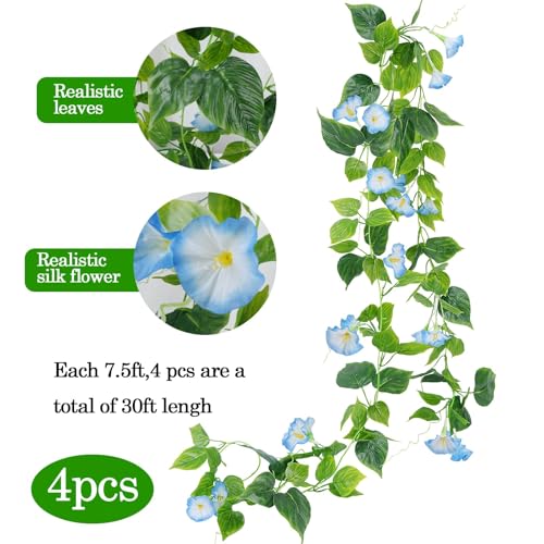 GTIDEA 4Pcs Fake Vines 30Feet Artificial Hanging Morning Glory Flower Garland Blue Faux Vines for Outdoors for Wall Fence Indoor Wedding Decor - color: Blue-4pcs