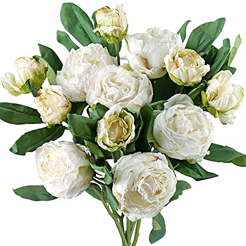 FiveSeasonStuff Vintage White Peonies – Realistic Artificial Silk Flowers with Dry-Look Petals, 6 Stems for Rustic Home & Wedding Bridesmaids Bouquet Bridal Showers - color: Antique White (6 Stems)