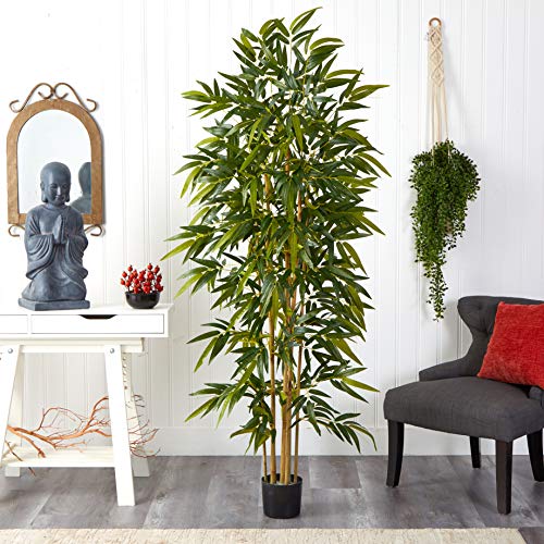 Nearly Natural 6ft Artificial Bamboo Tree for Indoor Home Décor, Fake Bamboo Floor Plant with Natural Trunks and Over 1,000 Realistic Leaves in Black Nursery Planter