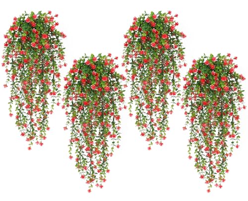 SJL Artificial Hanging Plant 4pcs Fake Hanging Plants Greenery Decor Plastic Flower Artificial Plants Indoor Fern Ivy Leaves Flowers Real Touch Stem for Wedding Party Outside Home (Red) - color: Red