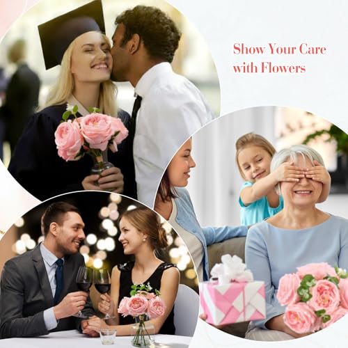 Norme Real to Touch Penoies Artificial Flowers, 6 Pcs Faux Austin Rose in Vase with Big Bloom and Fake Water Real Latex Petals for Wedding Dining Table Centerpiece Home Decor(Pink) - color: Pink