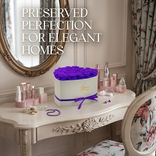 GLAMOUR BOUTIQUE Preserved Roses in a Box - Gifts for Her, Wife & Mom, Rose Flowers Forever Decor for Birthday Gift, Get Well Flower Bouquet Cased in White Box with Cover - Purple - 27 (Color-Treated) - color: Purple, size: 27 Roses Heart Box